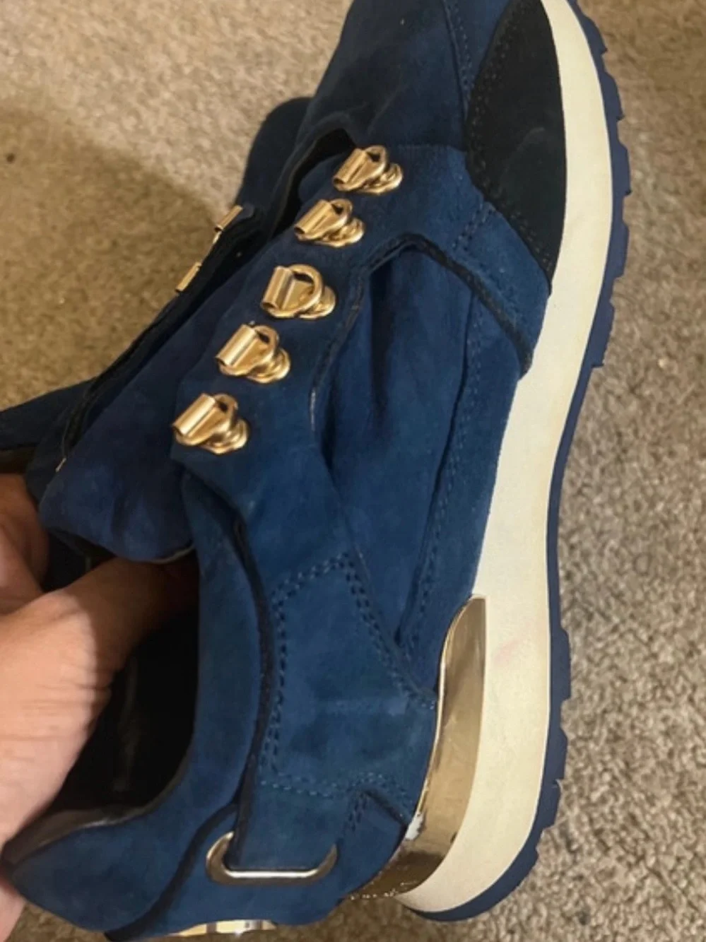 Versace Navy Blue Suede Sneakers with Gold Accents